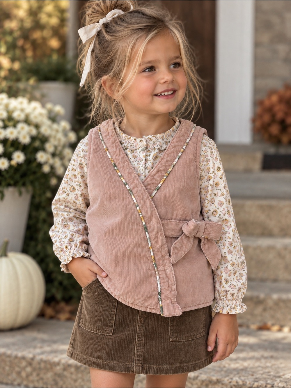 Shabby Chic Dusty Pink Corduroy Wrap Vest with Floral Trim